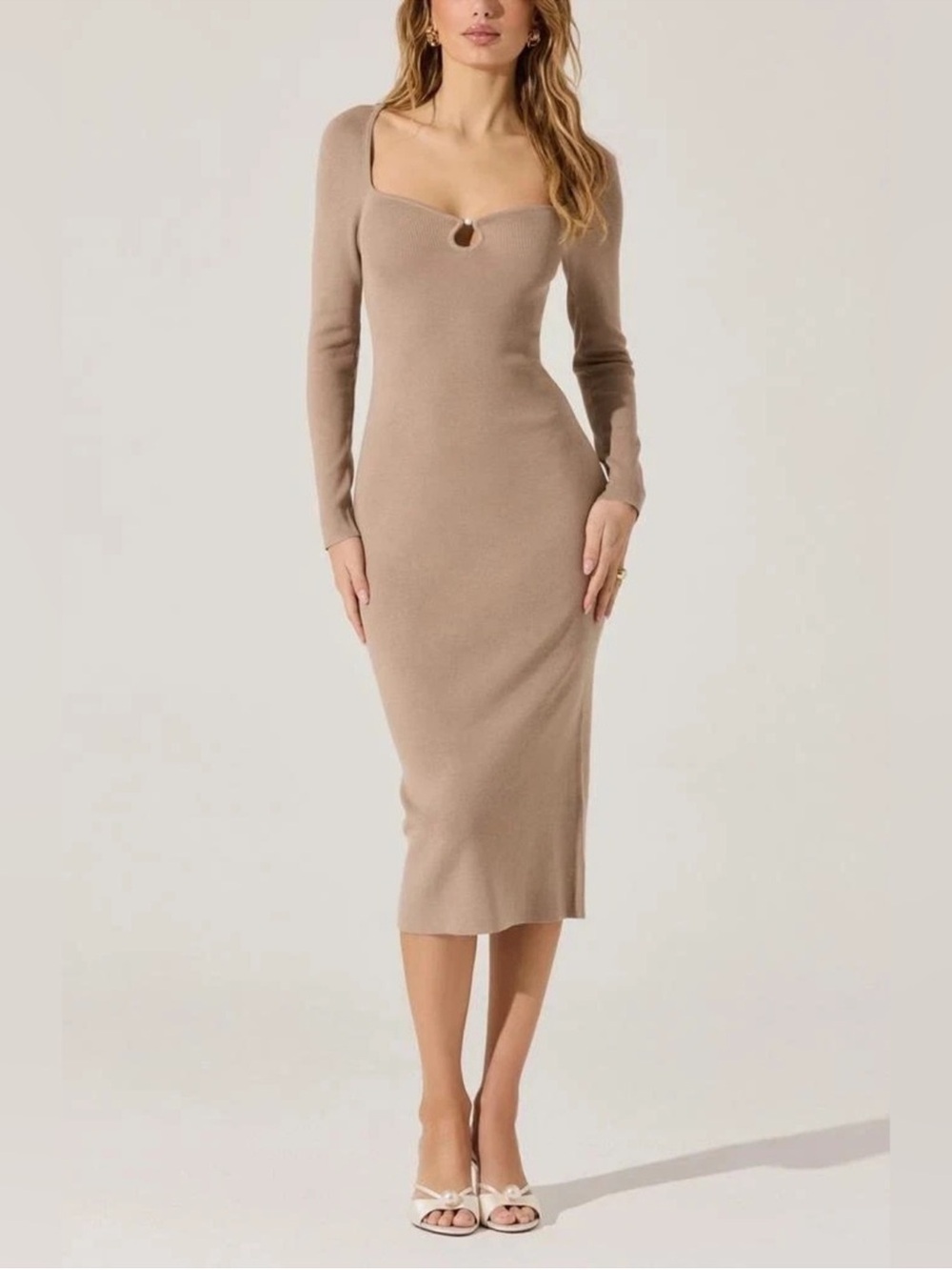 ASTR the Label Faux Pearl Keyhole Long Sleeve Midi Dress